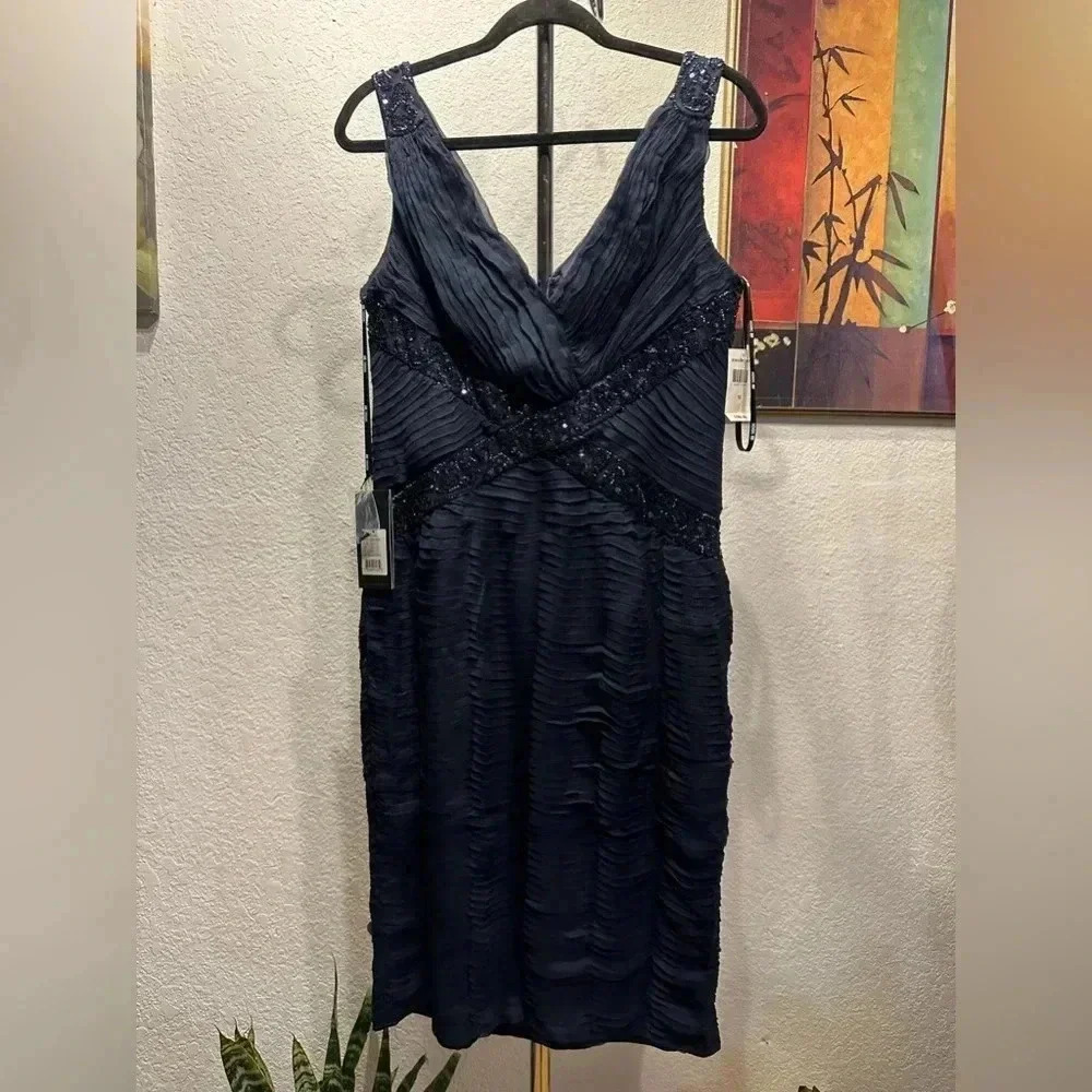 Tadashi shoji Navy sequined details dress size 8